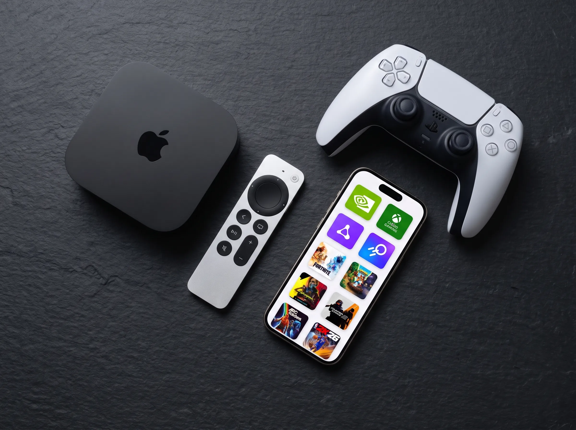 An Apple TV 4K and Siri Remote beside an iPhone running CloudGear and a game controller