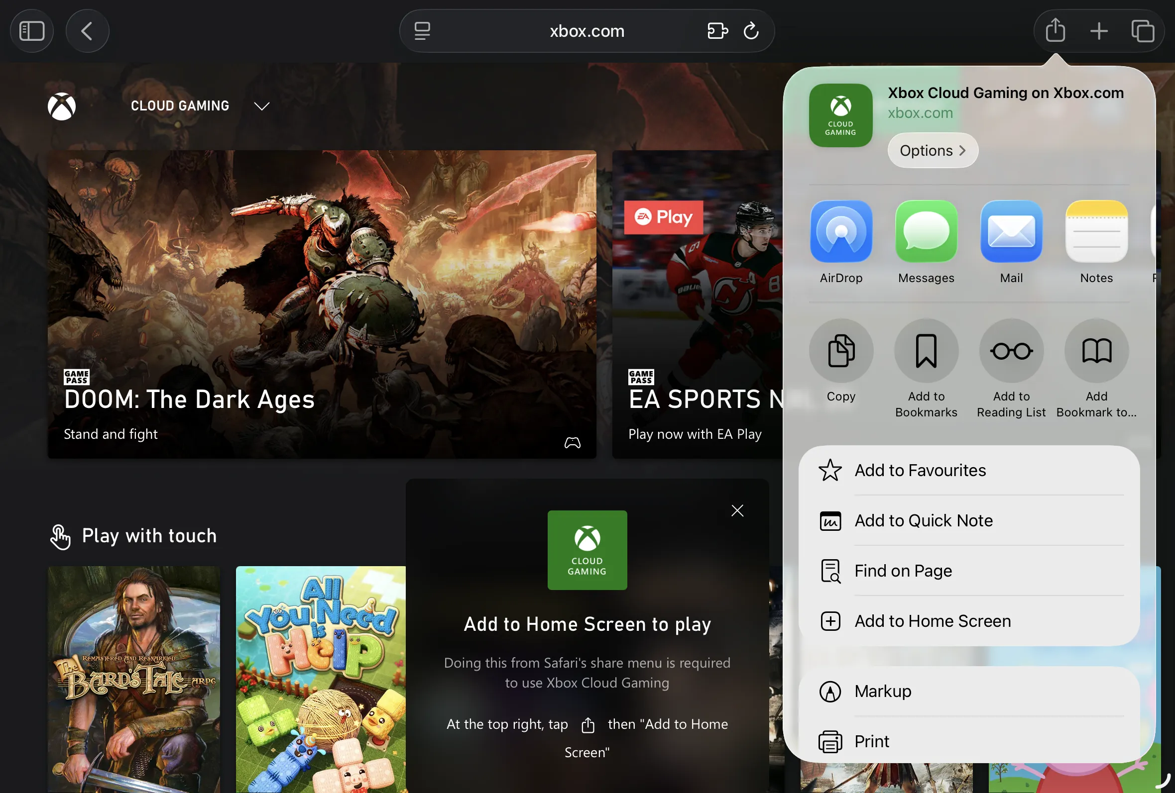 Playing Fortnite via Safari on Xbox Cloud Gaming