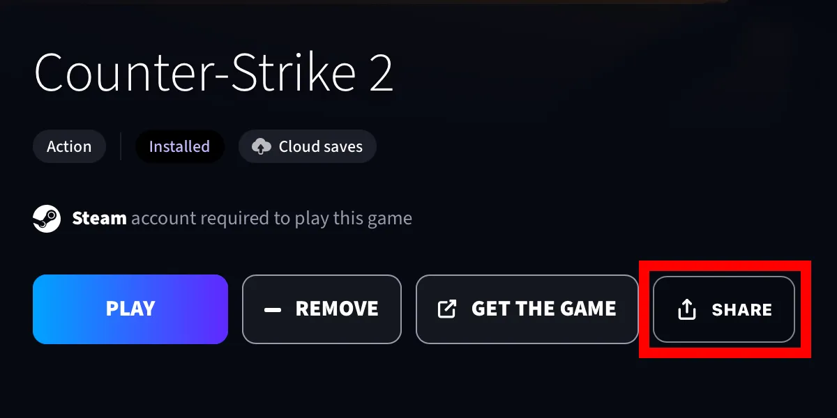 Where to find the Share button on a Boosteroid game page