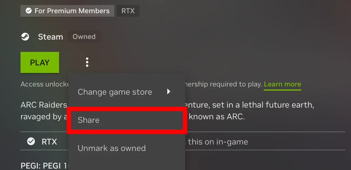 Where to find the Share button on a GeForce NOW game page
